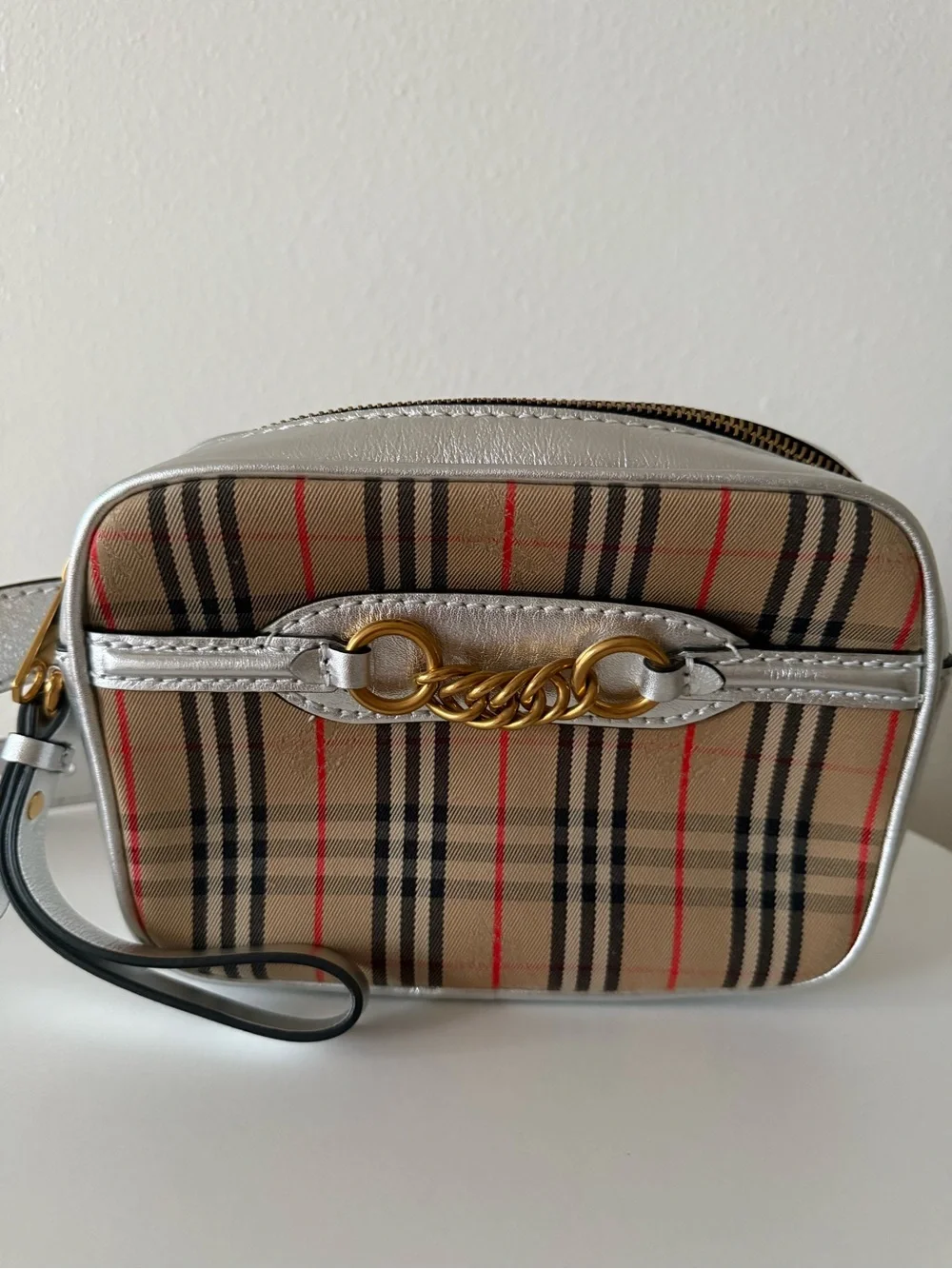 Burberry vintage check belt bag silver leather trim .